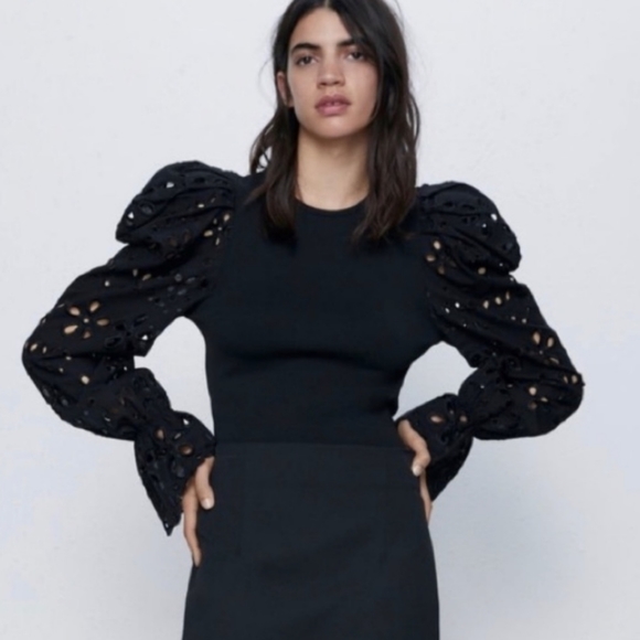 NWOT Zara round neck eyelet long sleeve top - Picture 2 of 4